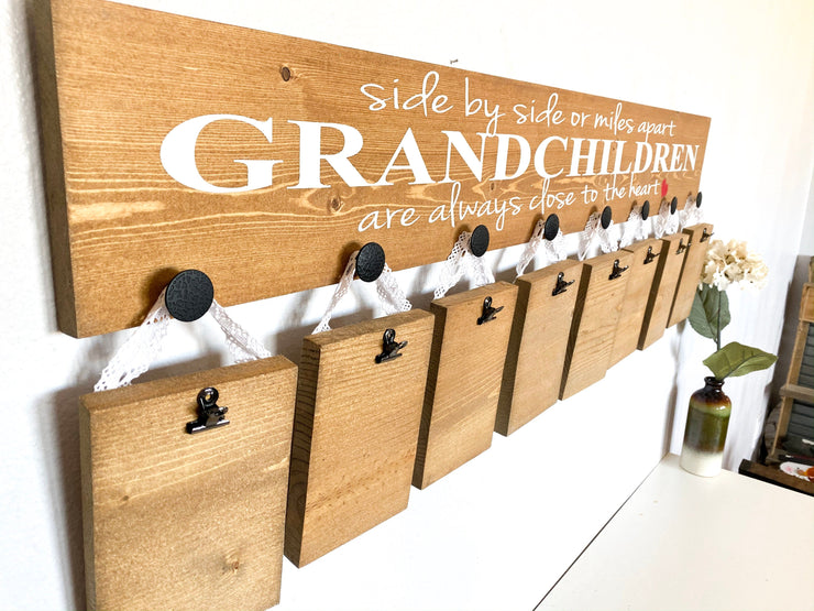 Side by side or miles apart sign / Grandchildren are close to the heart sign / Custom Grandparent gift / 8 grand kid picture wooden sign