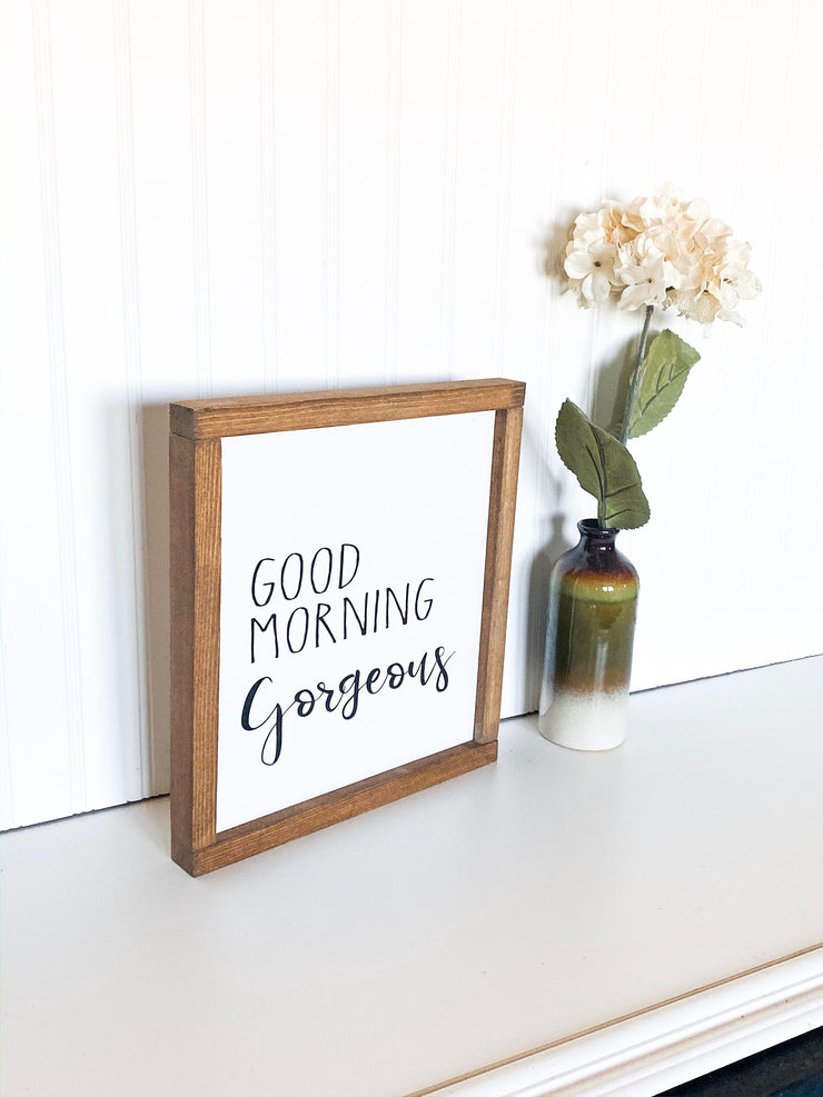 Farmhouse style framed sign / Good Morning Gorgeous Hello there handsome set / Bedroom decor signs / Bedside table sign / Cute bedroom signs