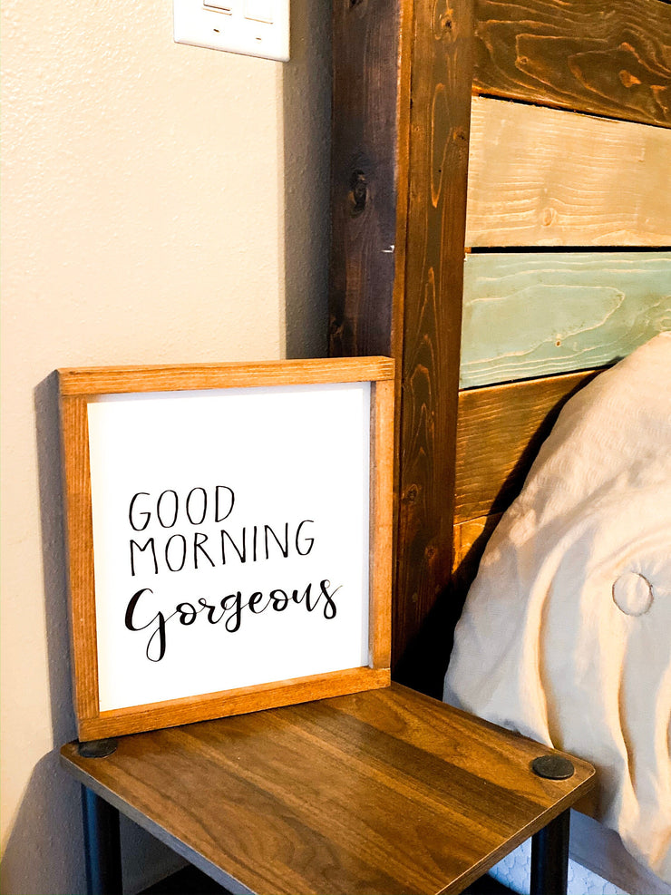 Farmhouse style framed sign / Good Morning Gorgeous Hello there handsome set / Bedroom decor signs / Bedside table sign / Cute bedroom signs