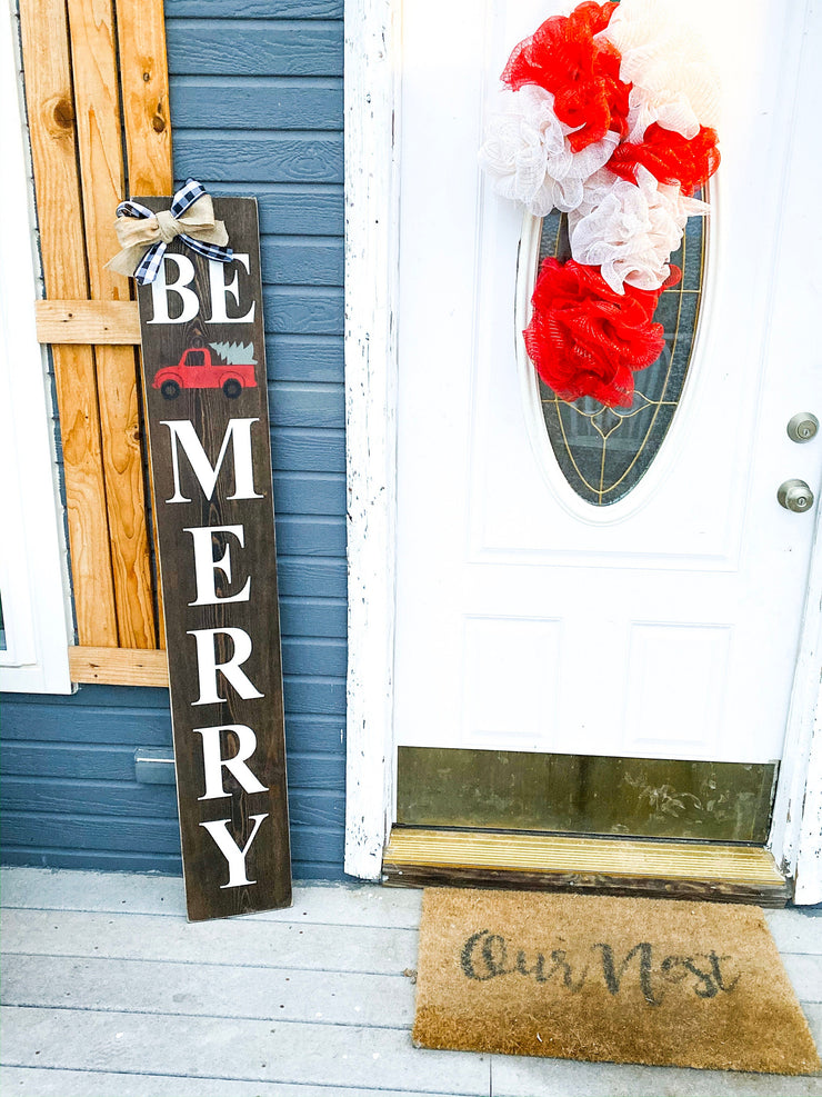 Farmhouse Rustic Be Merry Christmas sign with buffalo plaid bow and burlap bow porch / door sign. Large Be Merry front door wood sign