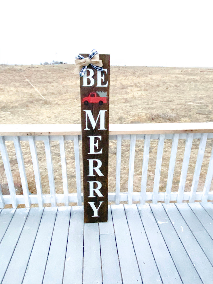 Farmhouse Rustic Be Merry Christmas sign with buffalo plaid bow and burlap bow porch / door sign. Large Be Merry front door wood sign