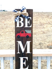 Farmhouse Rustic Be Merry Christmas sign with buffalo plaid bow and burlap bow porch / door sign. Large Be Merry front door wood sign