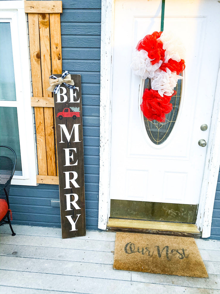 Farmhouse Rustic Be Merry Christmas sign with buffalo plaid bow and burlap bow porch / door sign. Large Be Merry front door wood sign