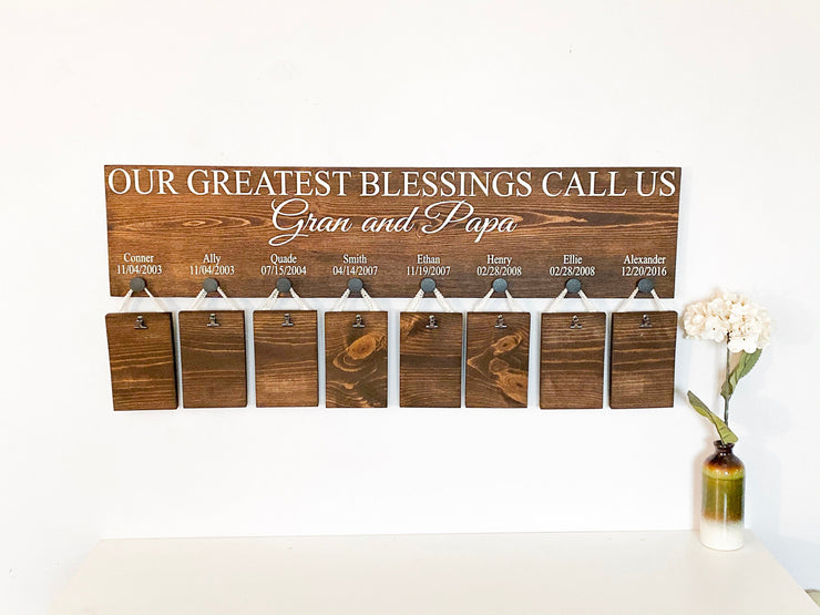 Our greatest blessings call us / Personalized 8 grandkid name sign / Wooden picture frame sign / Custom grandparent wood sign