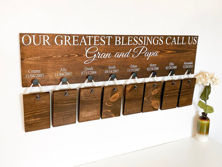 Our greatest blessings call us / Personalized 8 grandkid name sign / Wooden picture frame sign / Custom grandparent wood sign