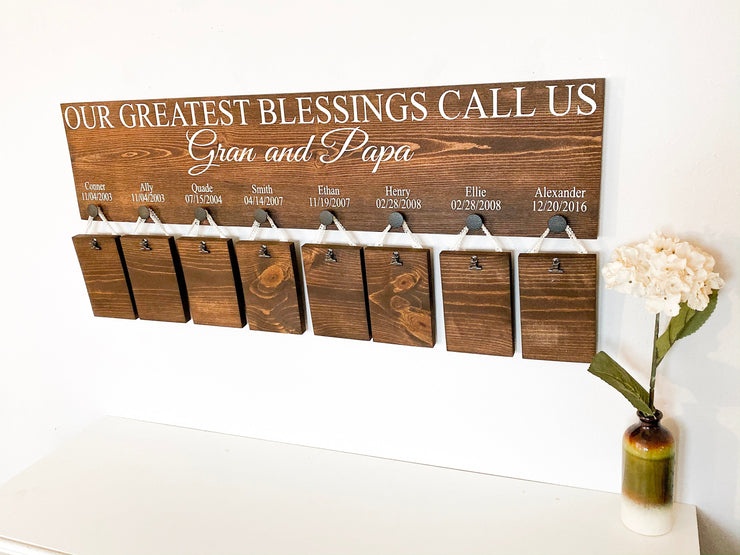Our greatest blessings call us / Personalized 8 grandkid name sign / Wooden picture frame sign / Custom grandparent wood sign