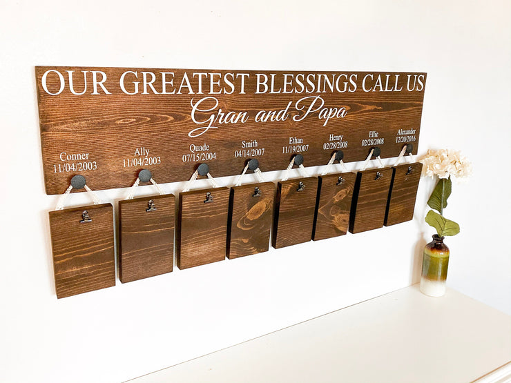 Our greatest blessings call us / Personalized 8 grandkid name sign / Wooden picture frame sign / Custom grandparent wood sign