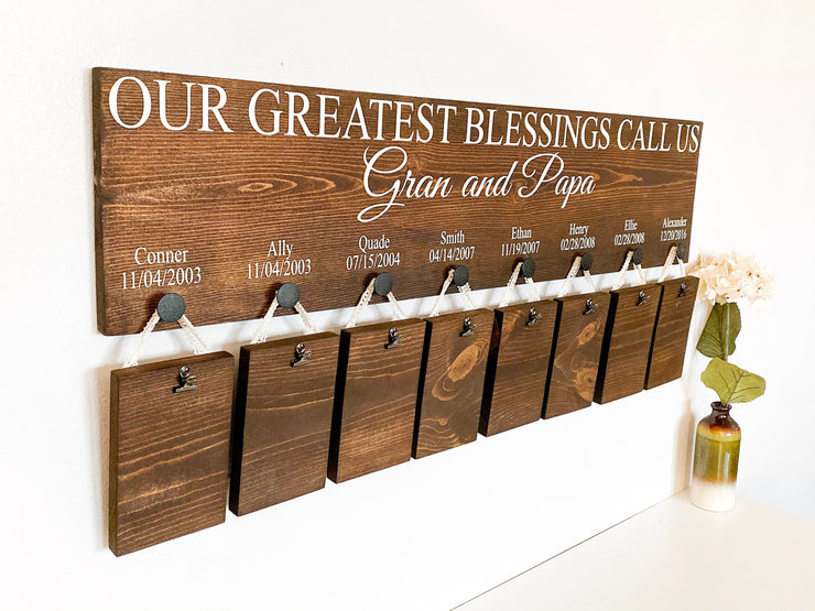 Our greatest blessings call us / Personalized 8 grandkid name sign / Wooden picture frame sign / Custom grandparent wood sign