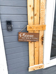 Please no soliciting wood sign / Friends, Family and Amazon welcome / Hanging door sign / Front door no soliciting sign / Small door sign