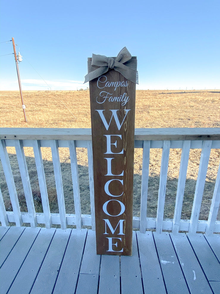 Welcome Front Door Wood with Family Name and burlap ribbon. Tall Wooden Rustic front porch door sign, Front porch sign, Wooden signs