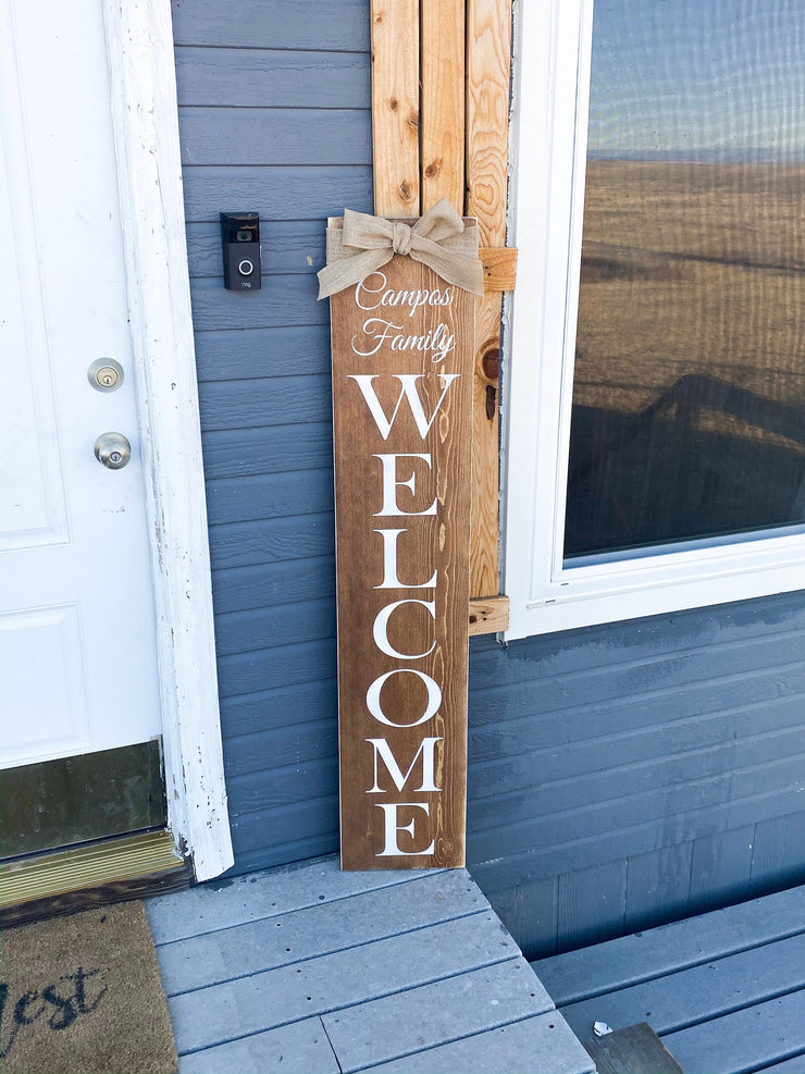 Welcome Front Door Wood with Family Name and burlap ribbon. Tall Wooden Rustic front porch door sign, Front porch sign, Wooden signs