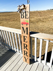 Farmhouse Rustic Be Merry Christmas sign with buffalo plaid bow and burlap bow porch / door sign. Large Be Merry front door wood sign