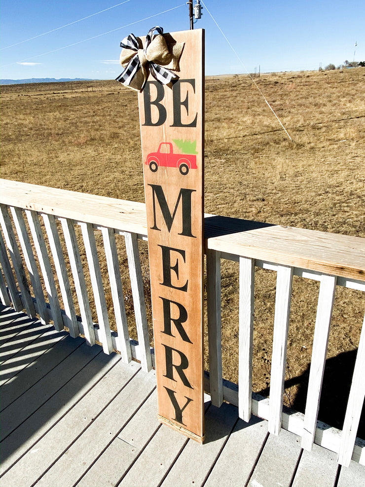 Farmhouse Rustic Be Merry Christmas sign with buffalo plaid bow and burlap bow porch / door sign. Large Be Merry front door wood sign