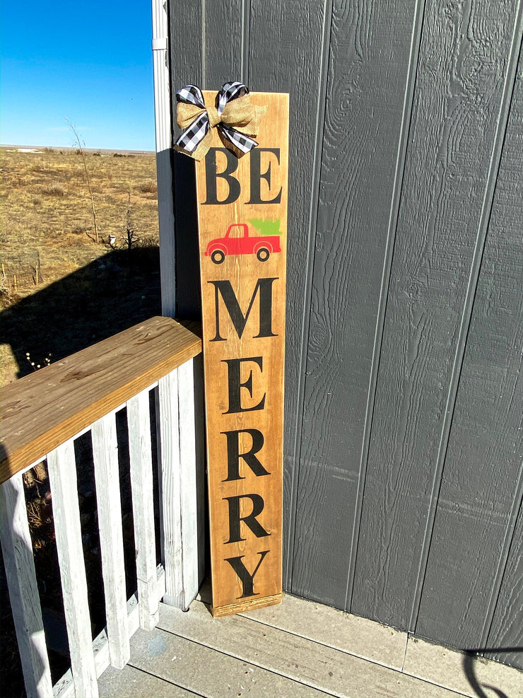 Farmhouse Rustic Be Merry Christmas sign with buffalo plaid bow and burlap bow porch / door sign. Large Be Merry front door wood sign