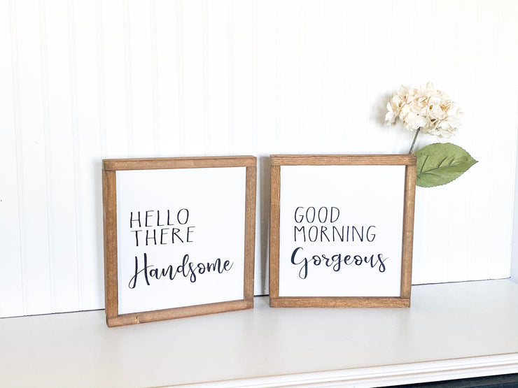 Hello There Handsome Framed Sign / Farmhouse style framed wooden bedroom decor sign / Bedroom decor sign / Bathroom decor sign for him