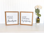 Good Morning Gorgeous farmhouse style framed wooden bedroom decor sign. Nightstand bedside table sign. Wooden bedroom framed sign for her