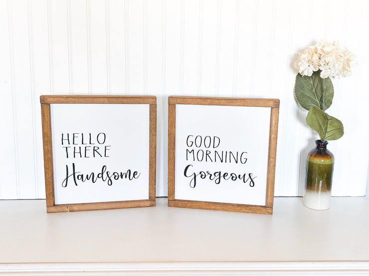 Hello There Handsome Framed Sign / Farmhouse style framed wooden bedroom decor sign / Bedroom decor sign / Bathroom decor sign for him