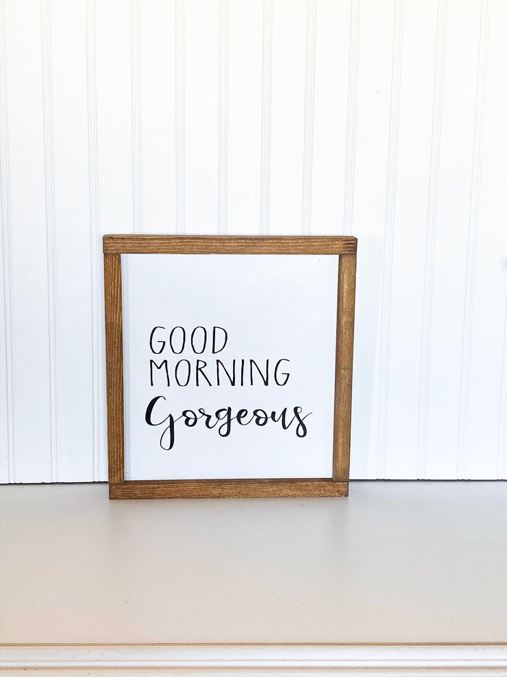 Farmhouse style framed sign / Good Morning Gorgeous Hello there handsome set / Bedroom decor signs / Bedside table sign / Cute bedroom signs