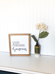 Good Morning Gorgeous farmhouse style framed wooden bedroom decor sign. Nightstand bedside table sign. Wooden bedroom framed sign for her