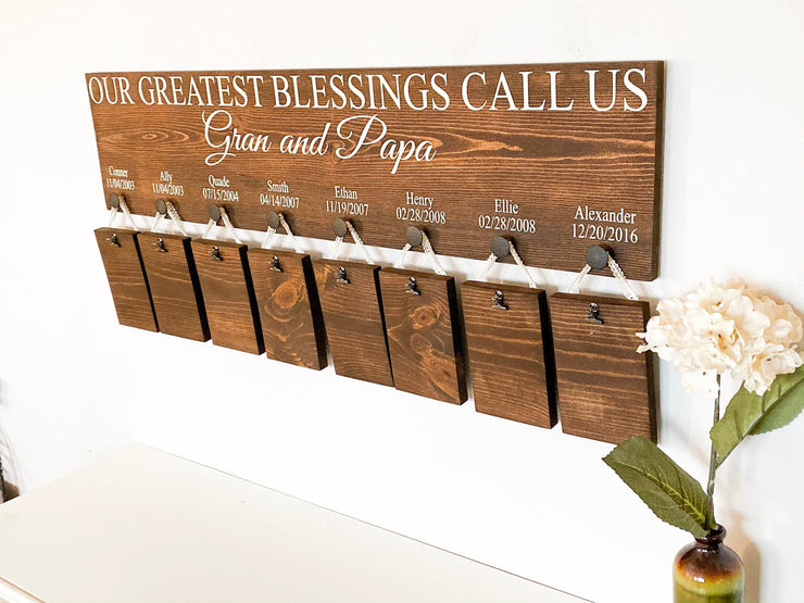 Our greatest blessings call us / Personalized 8 grandkid name sign / Wooden picture frame sign / Custom grandparent wood sign