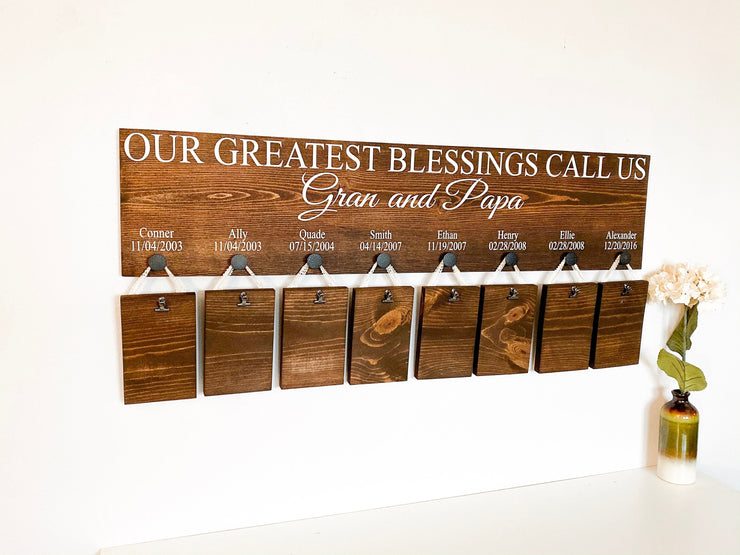 Our greatest blessings call us / Personalized 8 grandkid name sign / Wooden picture frame sign / Custom grandparent wood sign