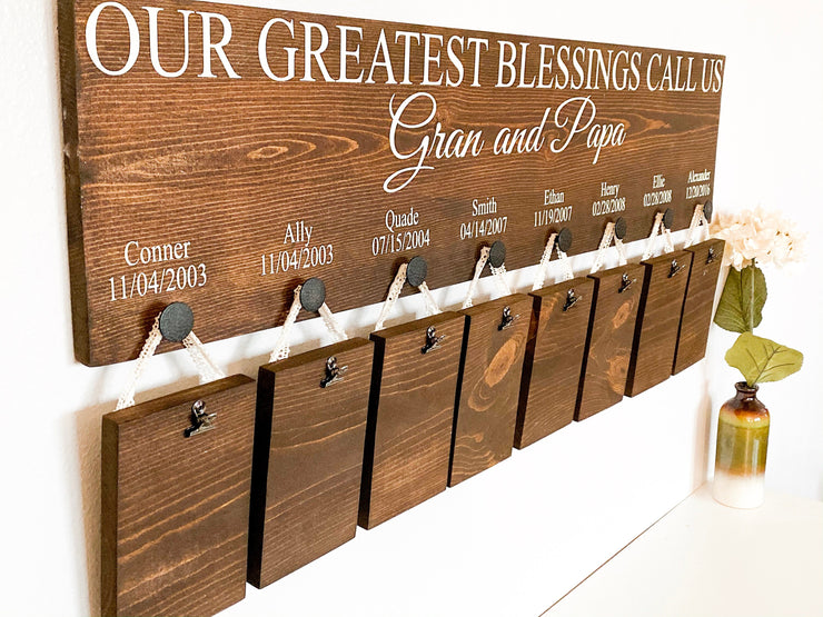 Our greatest blessings call us / Personalized 8 grandkid name sign / Wooden picture frame sign / Custom grandparent wood sign