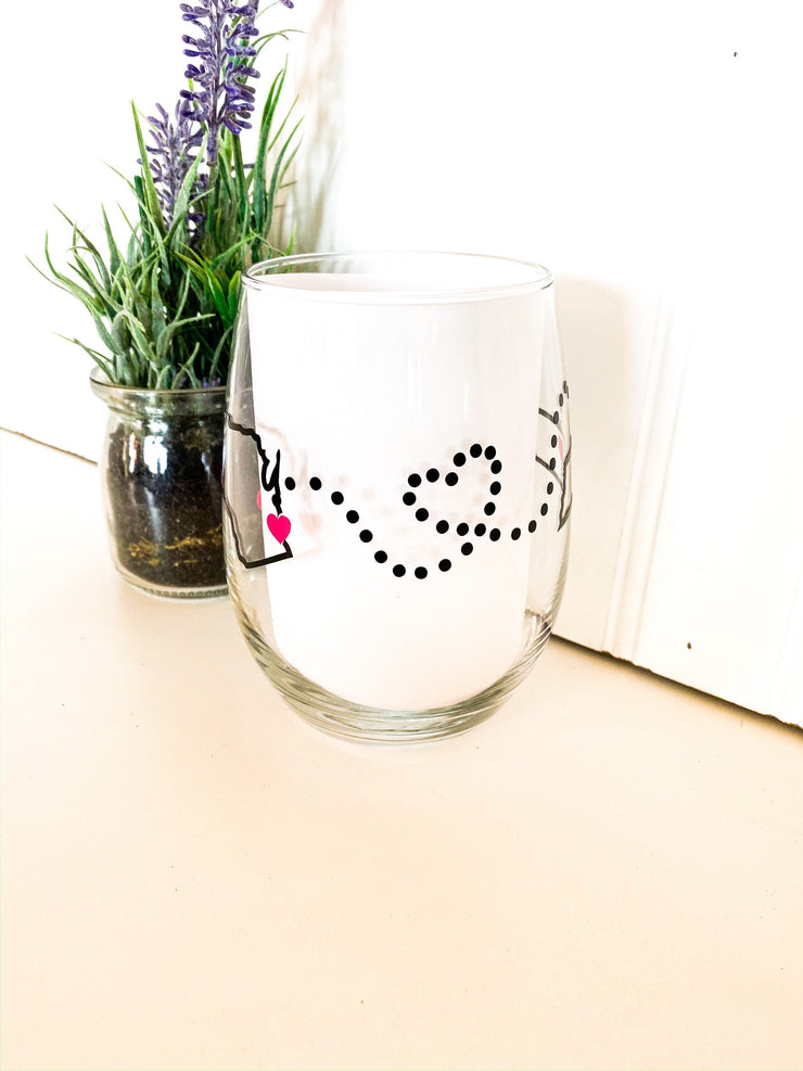 Personalized Best friend states wine glass, custom wine glass you choose two states with coordinating cities, Stem or Stemless wine glass