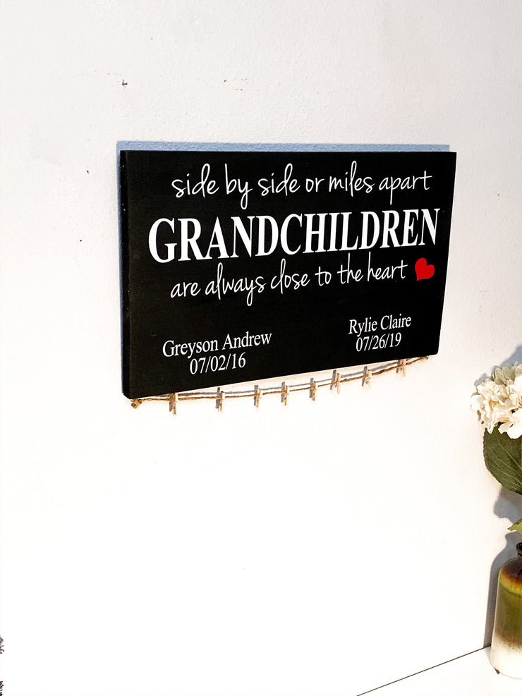 Miles apart sign / Grandchildren picture name sign / Grandparent wood sign / Personalized grandparent gift / Side by side or miles apart