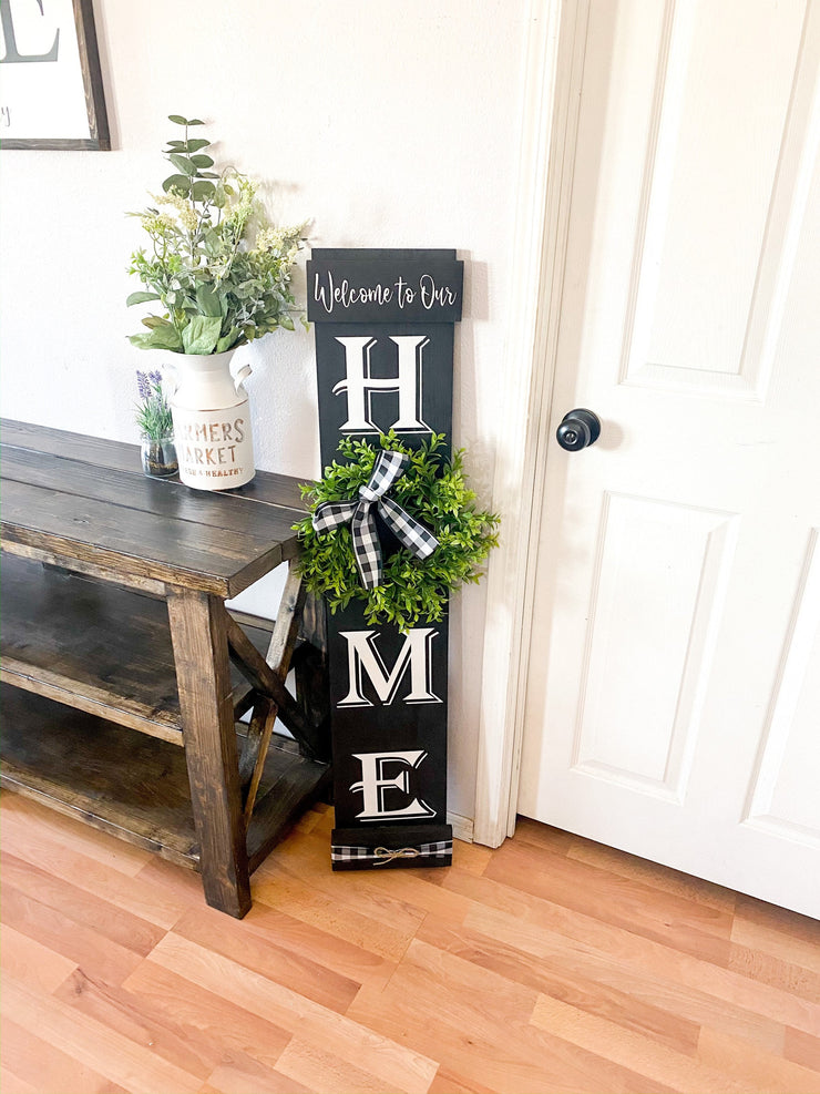 Welcome to our home sign with greenery wreath  and buffalo check bow / Personalized home sign / Front door sign / Custom Welcome wreath sign