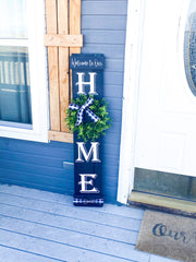 Welcome to our home sign with greenery wreath and buffalo check bow / Personalized home sign / Front door sign / Custom Welcome wreath sign