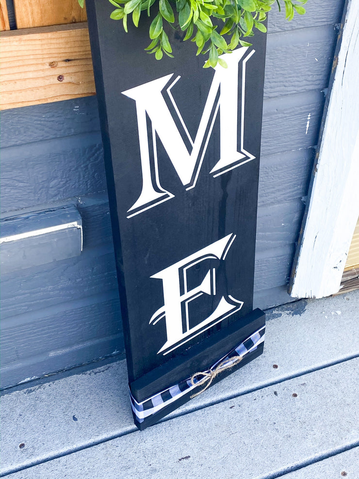 Welcome to our home sign with greenery wreath  and buffalo check bow / Personalized home sign / Front door sign / Custom Welcome wreath sign