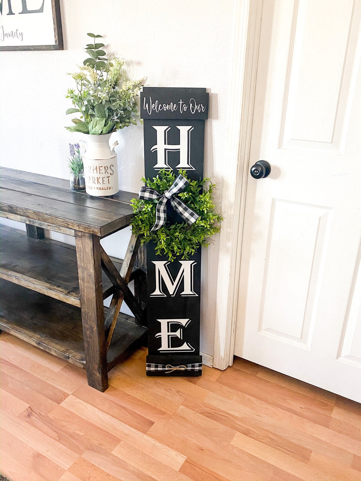 Welcome to our home sign with greenery wreath  and buffalo check bow / Personalized home sign / Front door sign / Custom Welcome wreath sign