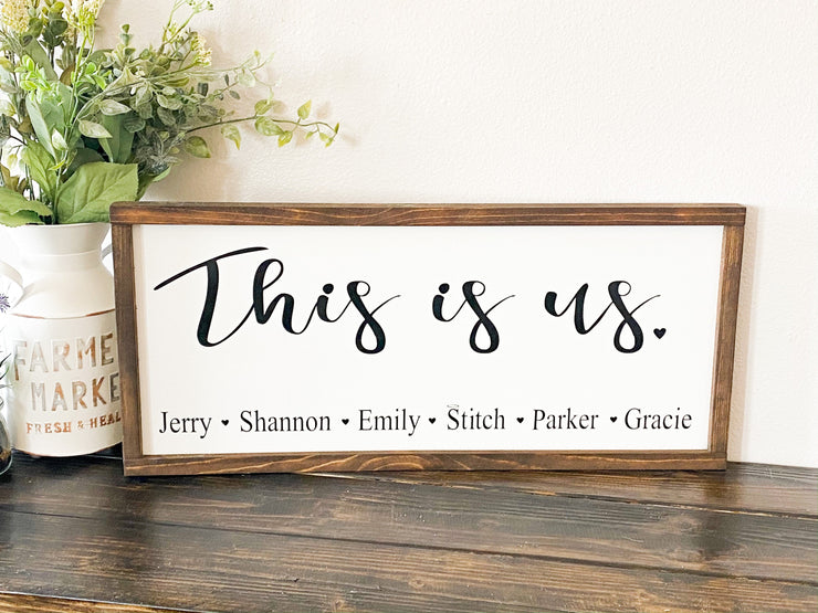 This is us framed wooden decor sign / Rustic farmhouse wall decor / Personalized this is us sign / Custom sign with family member names