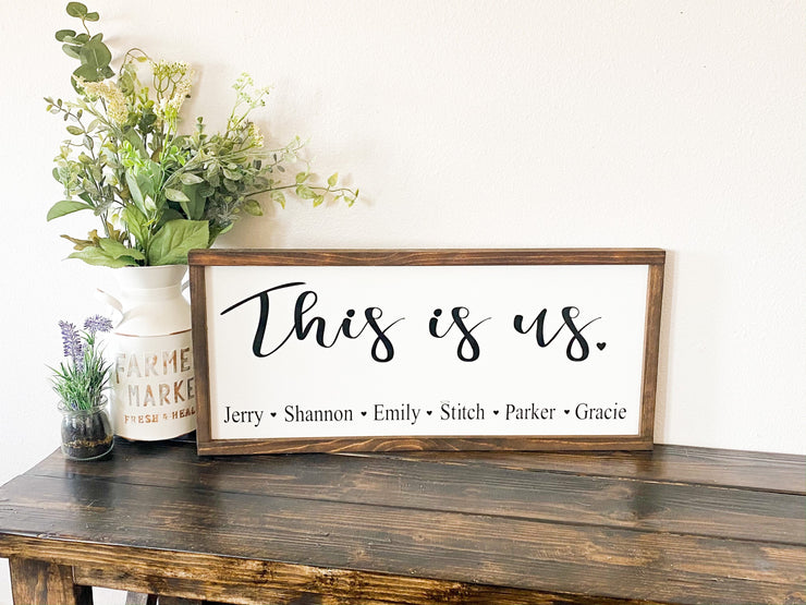 This is us framed wooden decor sign / Rustic farmhouse wall decor / Personalized this is us sign / Custom sign with family member names