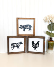 Farmhouse framed wooden cow, pig, chicken set / Moo, Cluck, Oink framed farm set / Wooden kitchen cow, pig, chicken framed signs / Farm sign