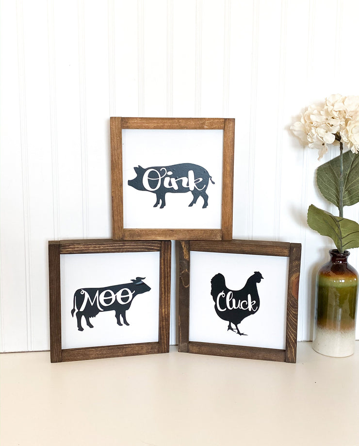 Farmhouse framed wooden cow, pig, chicken set / Moo, Cluck, Oink framed farm set / Wooden kitchen cow, pig, chicken framed signs / Farm sign