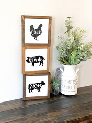 Farmhouse framed wooden cow, pig, chicken set / Moo, Cluck, Oink framed farm set / Wooden kitchen cow, pig, chicken framed signs / Farm sign