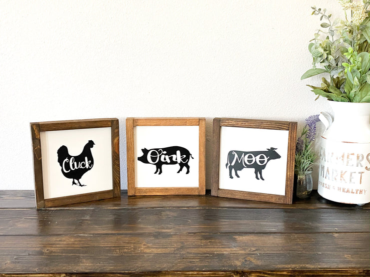 Farmhouse framed wooden cow, pig, chicken set / Moo, Cluck, Oink framed farm set / Wooden kitchen cow, pig, chicken framed signs / Farm sign