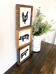 Farmhouse framed wooden cow, pig, chicken set / Moo, Cluck, Oink framed farm set / Wooden kitchen cow, pig, chicken framed signs / Farm sign