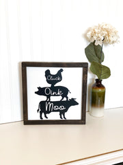 Farmhouse framed wooden cow, pig, chicken sign / Moo, Cluck, Oink framed farm / Wooden kitchen cow, pig, chicken framed signs / Farm sign