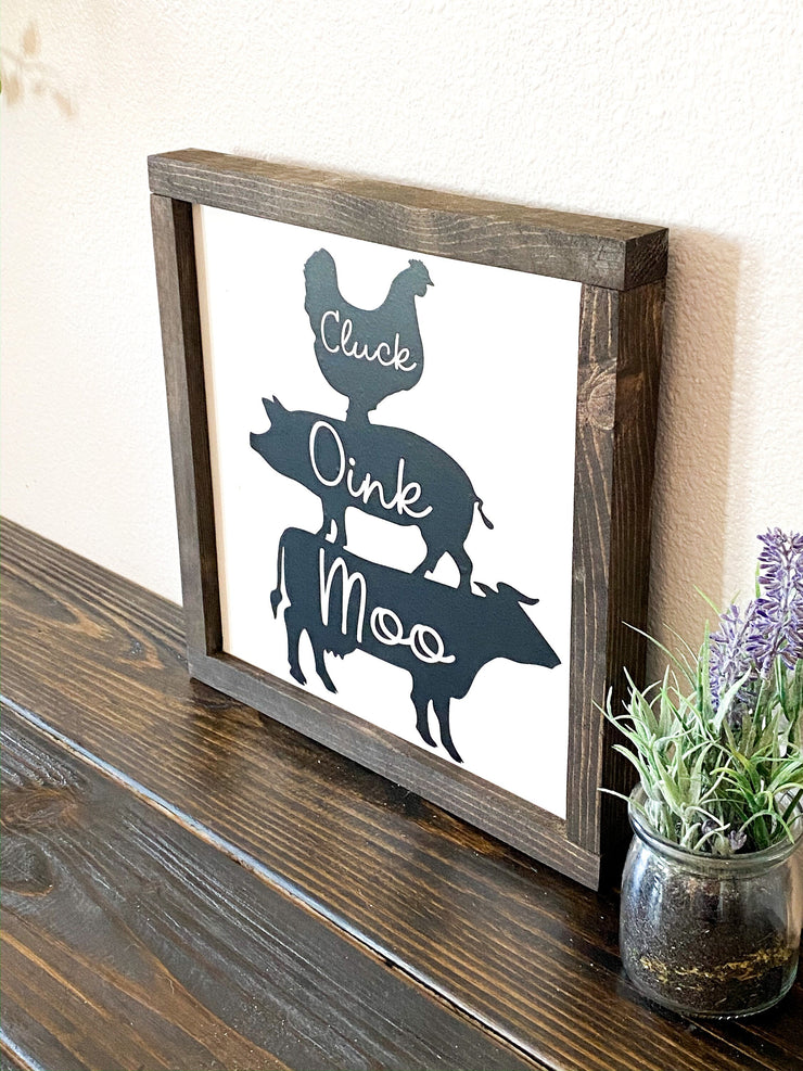 Farmhouse framed wooden cow, pig, chicken sign / Moo, Cluck, Oink framed farm / Wooden kitchen cow, pig, chicken framed signs / Farm sign