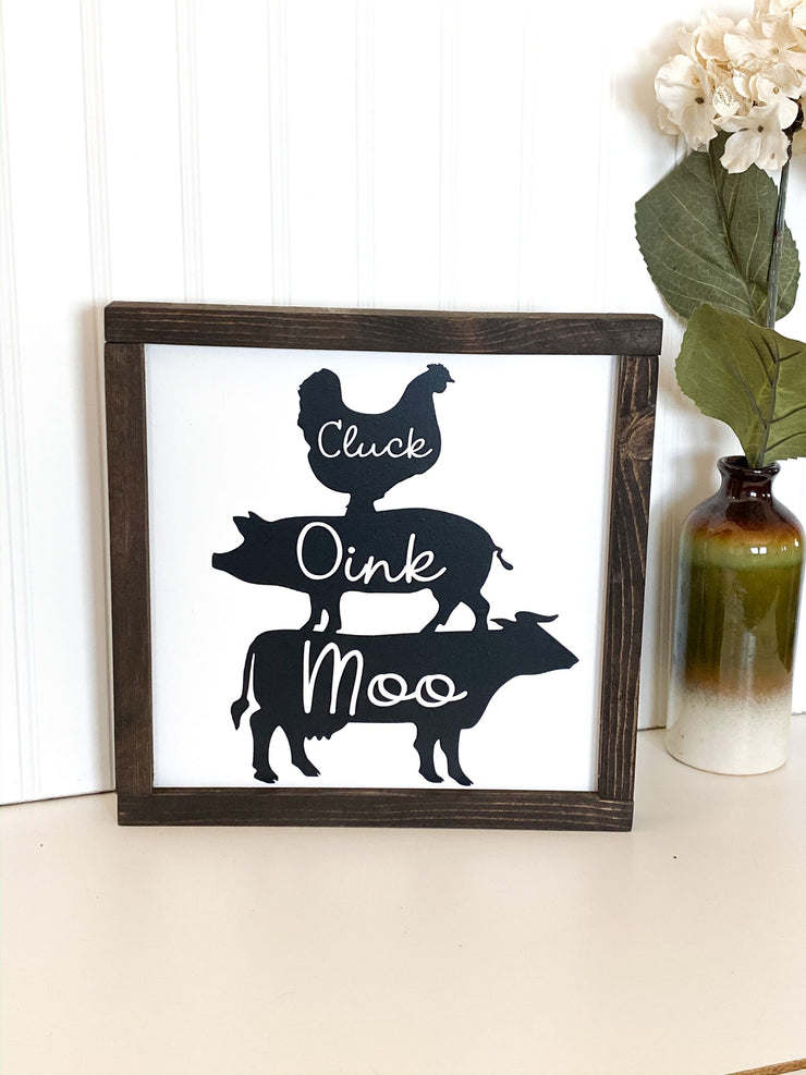 Farmhouse framed wooden cow, pig, chicken sign / Moo, Cluck, Oink framed farm / Wooden kitchen cow, pig, chicken framed signs / Farm sign