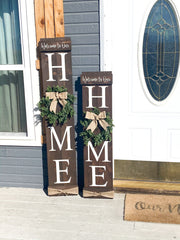 Welcome to our home / Large wooden front door home sign / Welcome porch sign / Burlap and greenery wreath wood sign / Wreath home door sign