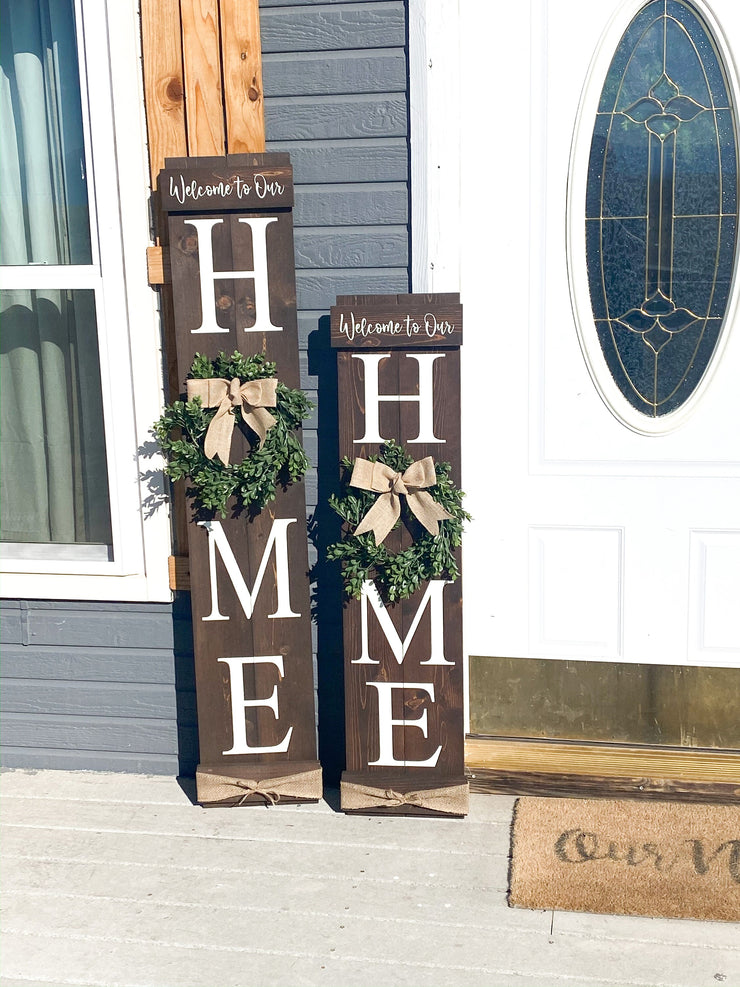 Welcome to our home / Large wooden front door home sign / Welcome porch sign / Burlap and greenery wreath wood sign / Wreath home door sign