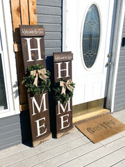 Welcome to our home / Large wooden front door home sign / Welcome porch sign / Burlap and greenery wreath wood sign / Wreath home door sign