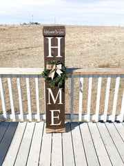 Welcome to our home / Large wooden front door home sign / Welcome porch sign / Burlap and greenery wreath wood sign / Wreath home door sign