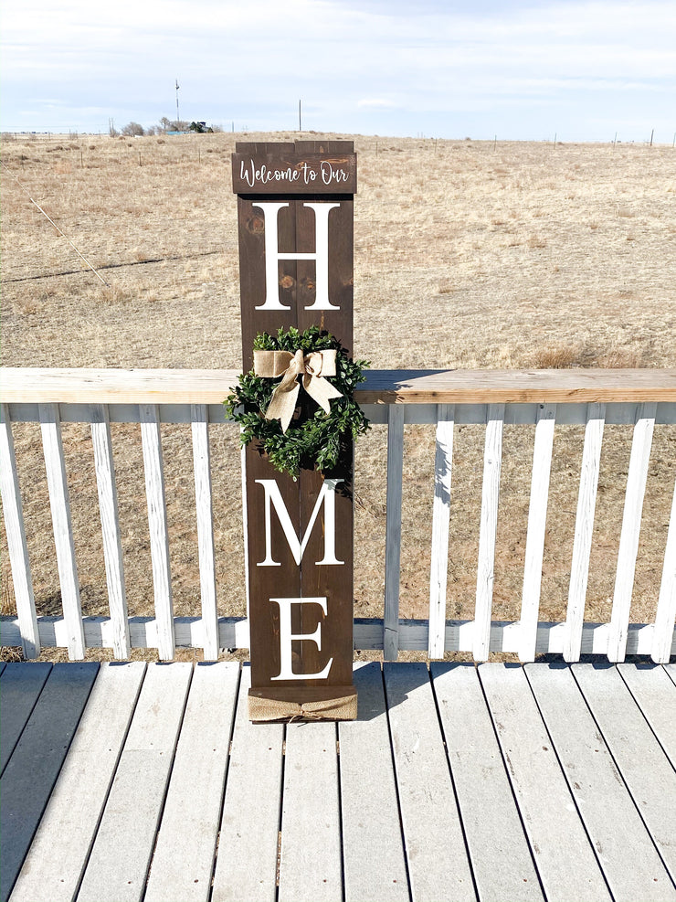 Welcome to our home / Large wooden front door home sign / Welcome porch sign / Burlap and greenery wreath wood sign / Wreath home door sign