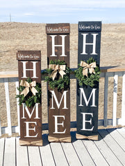Welcome to our home / Large wooden front door home sign / Welcome porch sign / Burlap and greenery wreath wood sign / Wreath home door sign