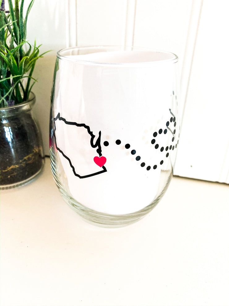 Personalized Best friend states wine glass, custom wine glass you choose two states with coordinating cities, Stem or Stemless wine glass