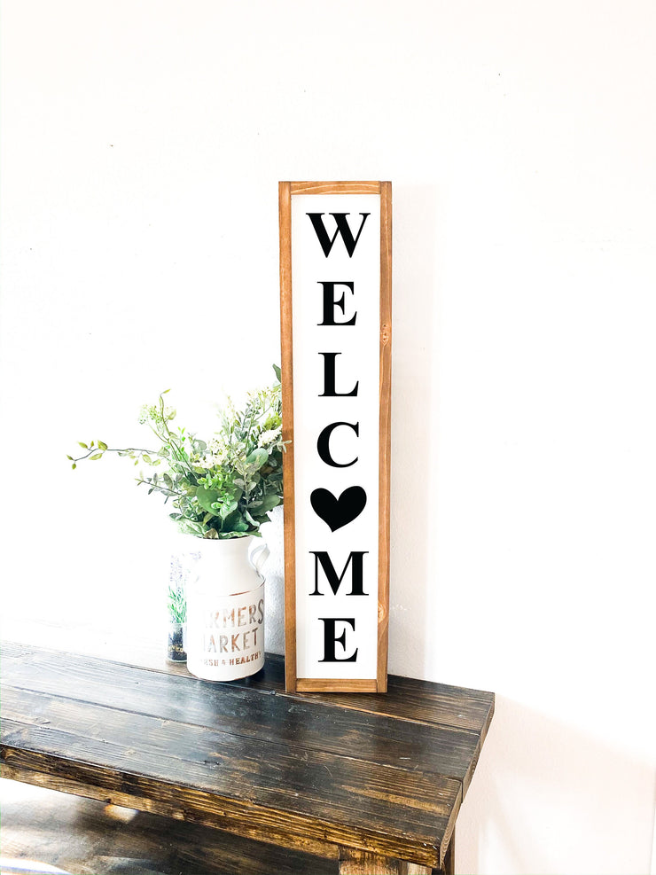 Welcome framed sign / Farmhouse style home sign  / Farmhouse style wooden decor sign / Long Welcome framed wood Country sign with heart